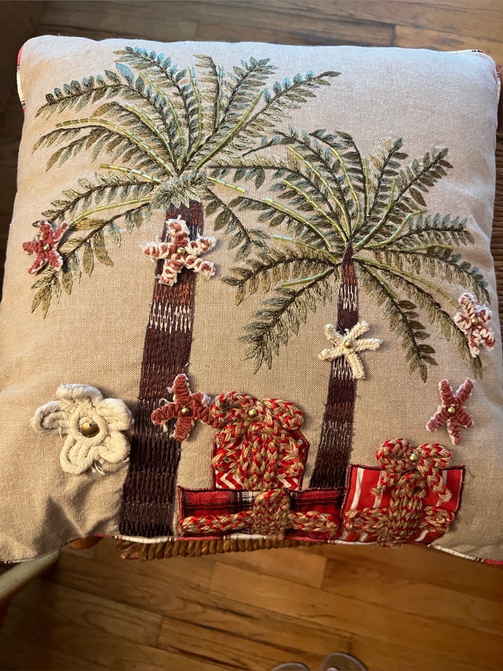 Pier 1 Beige Palm Tree Embroidered Throw Pillow with Green Fronds